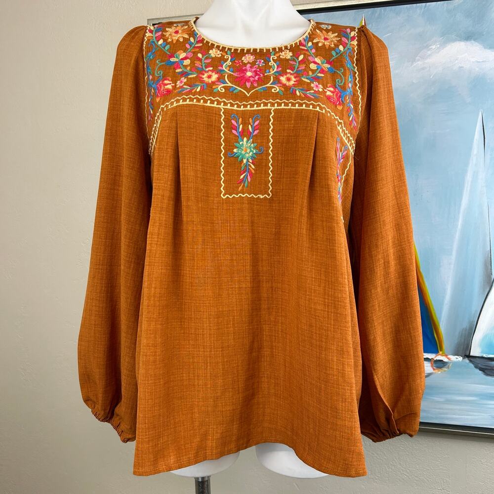 Boho Embroidered Peasant Blouse - Rust - Picture 2 of 7